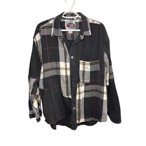Vintage Protest Blues Patchwork Plaid Black Denim Shirt Mens XL Eclectic Grandpa